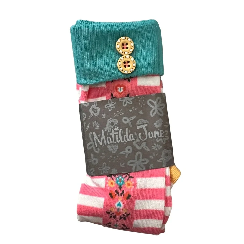 Matilda Jane Girls Socks Knee High Pink Striped Teal Cuff Button Size S‎